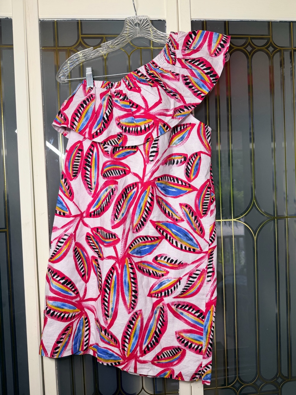 J.Crew XS Linen Cotton One Shoulder Ruffle Tropical Print Dress Boho Coastal